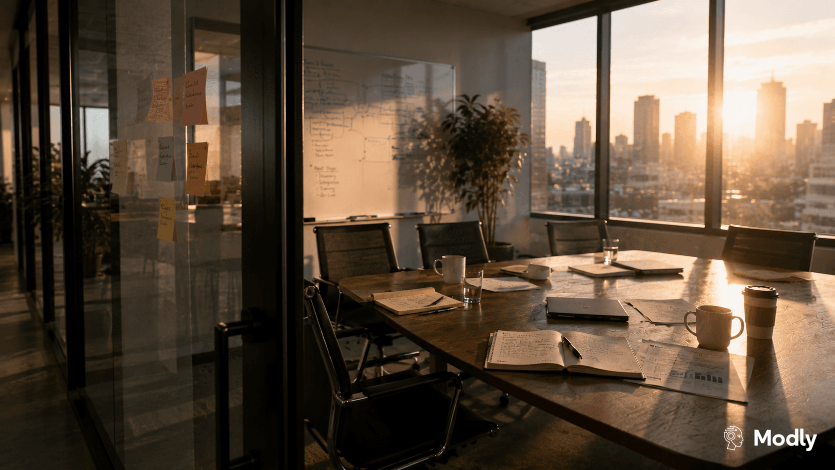 An empty conference room after an enterprise customer meeting, with sunlight streaming through floor-to-ceiling windows, empty chairs surrounding a large table, and subtle signs of recent collaboration, conveying that meaningful customer understanding is built from conversations, decisions, and shared organizational context over time.