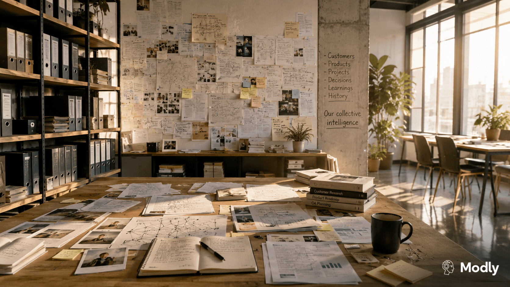 A bright modern workspace filled with binders, handwritten notes, diagrams, project sketches, printed documents, and whiteboards, illustrating the collective knowledge and institutional memory already present within an organization.