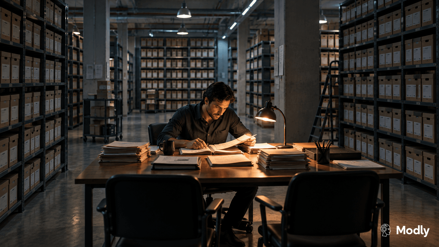 A lone archivist reading by desk lamp in a dark records warehouse, surrounded by shelves of boxes that are available to him but unread