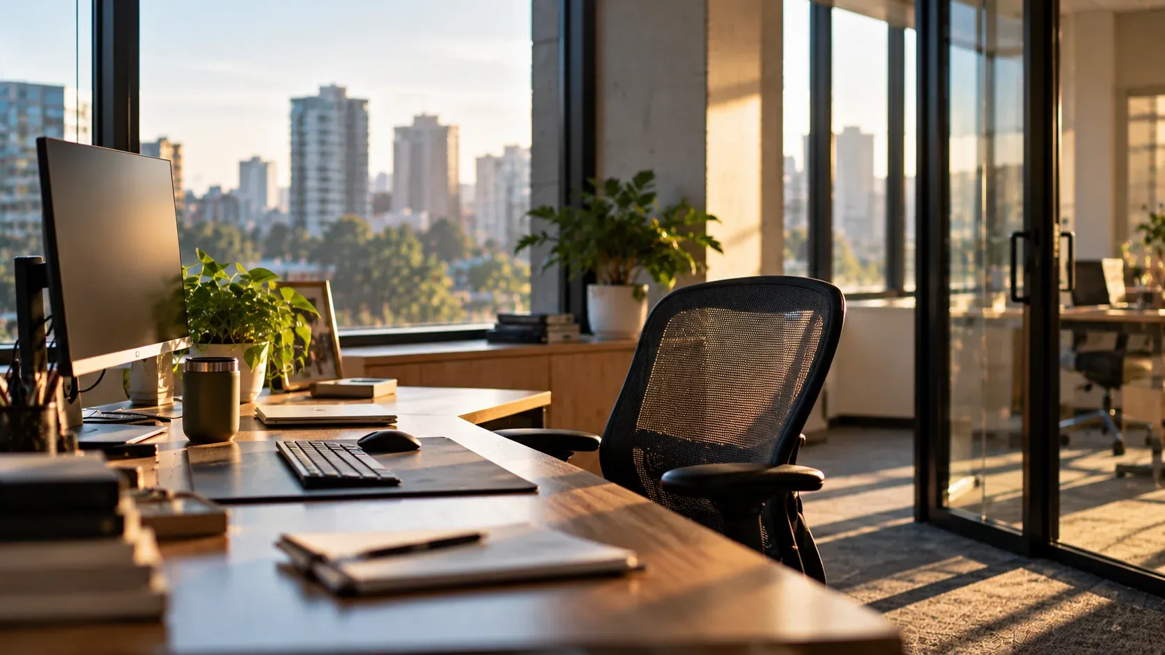 An empty desk and office chair by a window at golden hour, with a dark monitor, a closed notebook and pen, and plants left behind