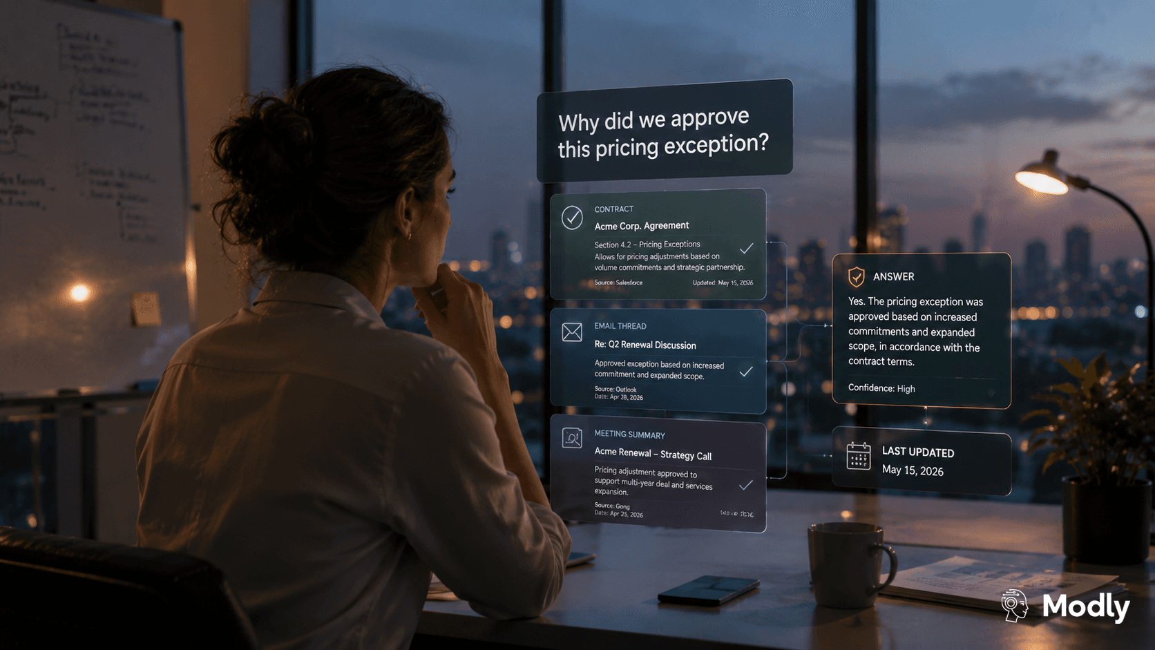 A professional carefully reviews an AI-generated business recommendation while every conclusion is connected to its supporting evidence, illustrating that enterprise AI earns trust through transparency, verifiable sources, and explainable reasoning rather than confidence alone.