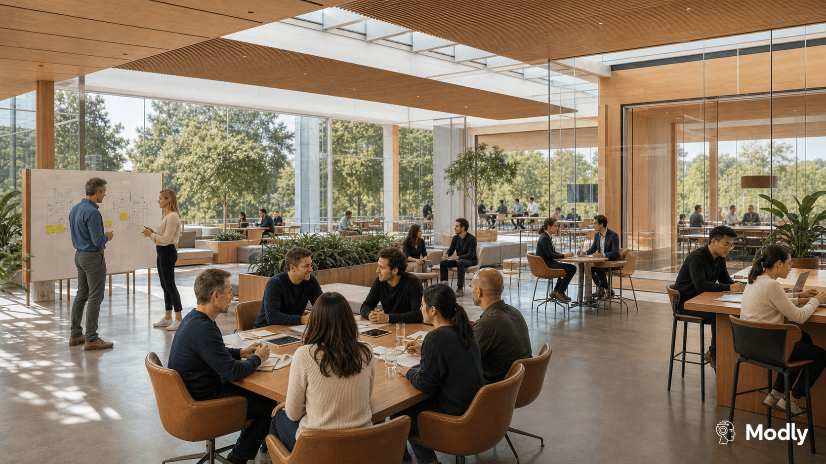A bright modern workplace where employees from multiple departments collaborate within a connected environment, illustrating how Organizational Intelligence creates a shared foundation for people and AI to work from the same understanding.