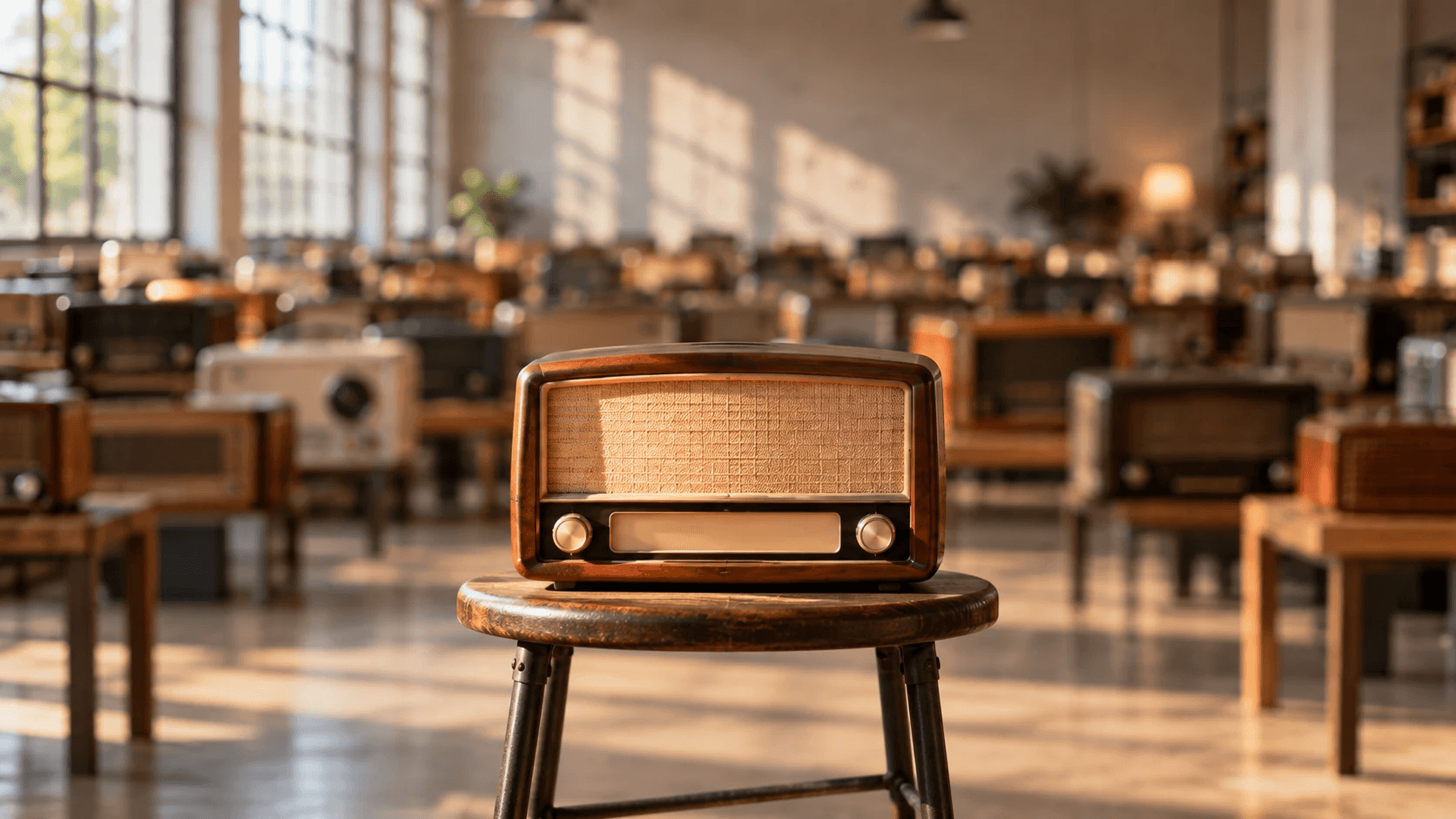 A single vintage wooden radio alone on a stool in sharp focus, in a sunlit room crowded with dozens of other radios fading into the background