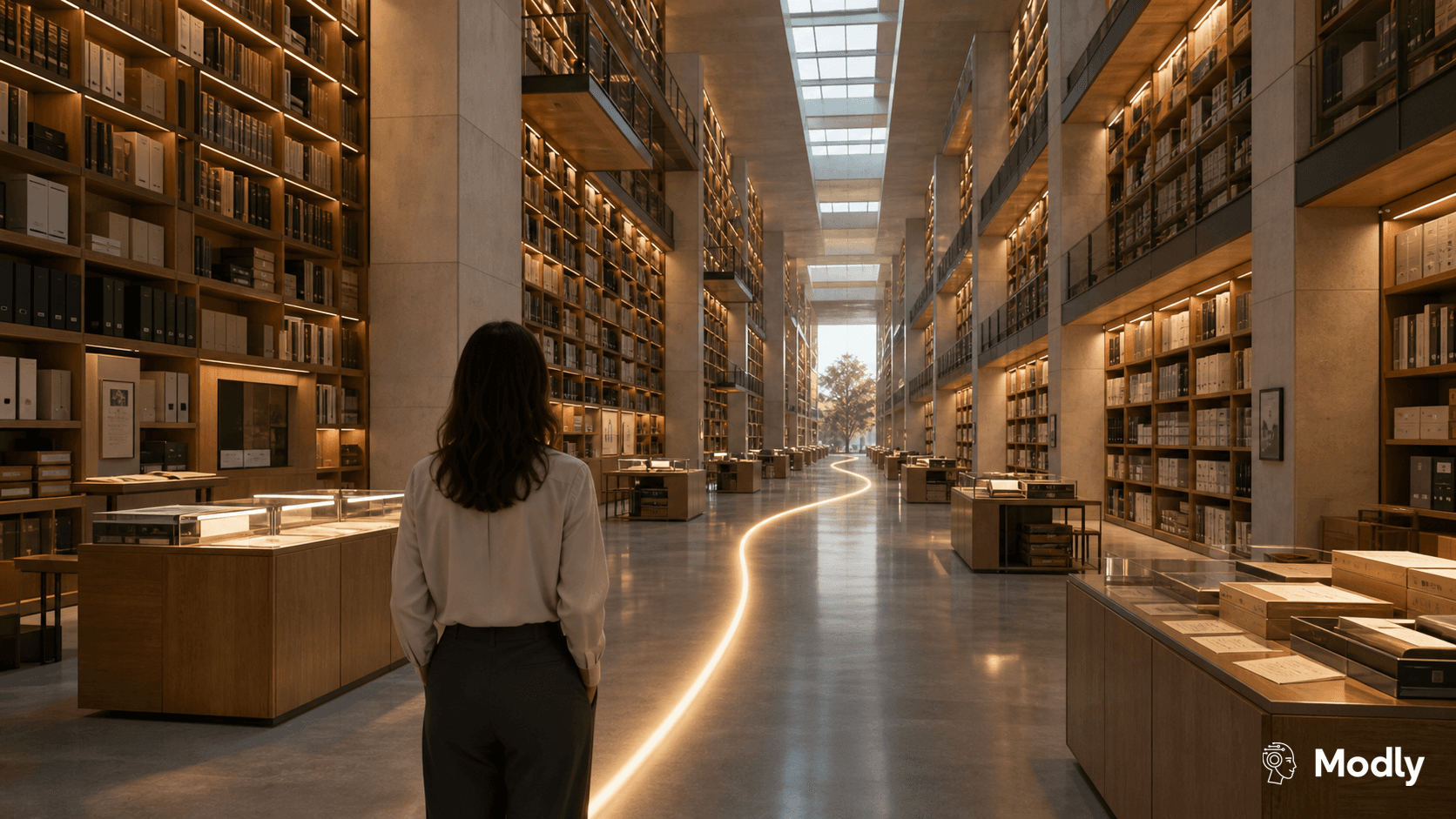 A professional stands before a vast modern knowledge archive as a single illuminated path guides them through decades of organizational information, symbolizing the journey from searching for information to understanding it.
